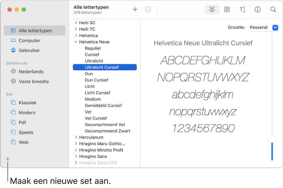 Het venster van Lettertypecatalogus met linksonderaan de knop met het plusteken voor het aanmaken van een nieuwe set.