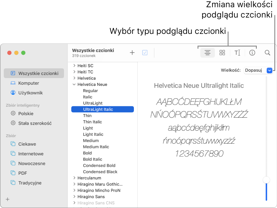 Okno Albumu z czcionkami, zawierające na pasku narzędzi przyciski wyboru typu podglądu czcionki, a przy prawej krawędzi okna pionowy suwak zmiany wielkości podglądu.