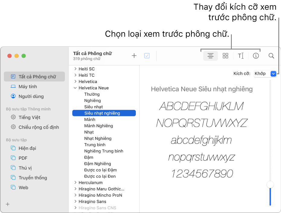 Cửa sổ Sổ quản lý phông chữ đang hiển thị các nút trong thanh công cụ dùng để chọn loại xem trước phông chữ và thanh trượt dọc dùng để thay đổi kích cỡ xem trước ở phía xa bên phải.