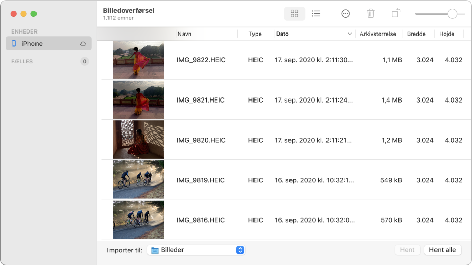 Vinduet Billedoverførsel viser billeder, der skal importeres fra en iPhone.