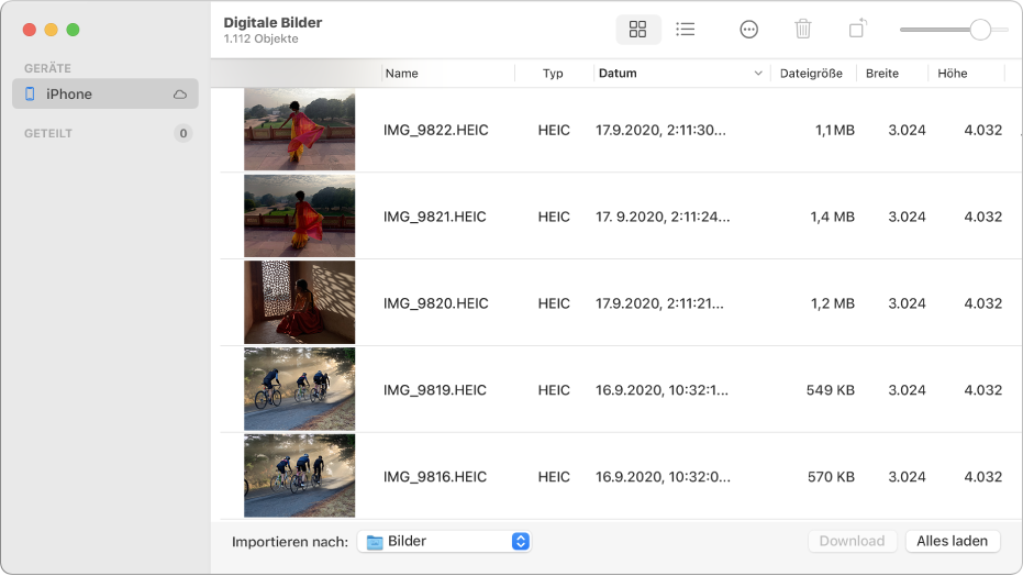 Das Fenster „Digitale Bilder“ mit Bildern, die von einem iPhone importiert werden sollen.