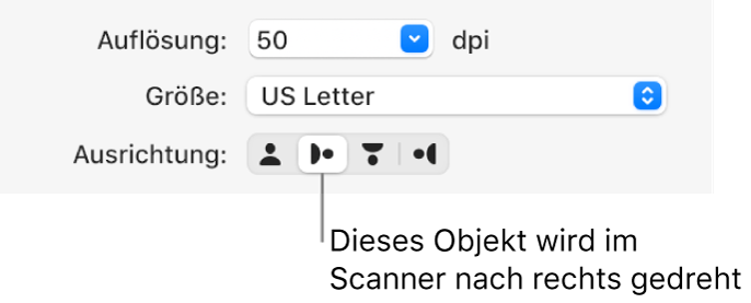 Die Ausrichtungstasten im Scannerfenster. Eine hervorgehobene Tasten bedeutet, dass ein Objekt auf dem Scanner nach rechts gedreht wird.