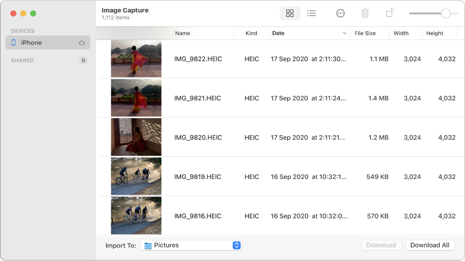 The Image Capture window showing pictures to be imported from an iPhone.