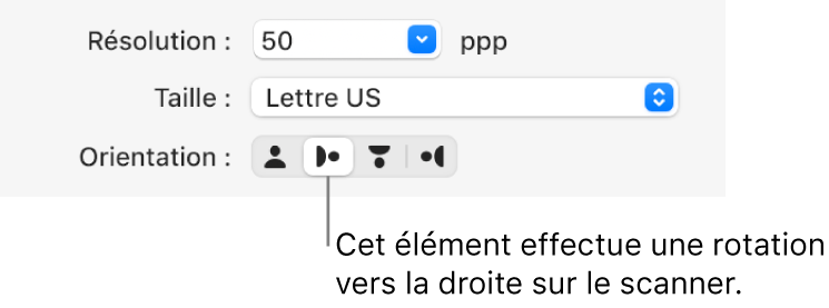 Les boutons Orientation dans la fenêtre Scanner. Un bouton en surbrillance indique qu’un élément est pivoté à droite sur le scanner.