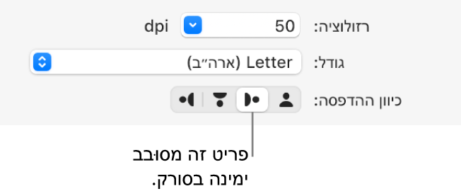 כפתורי ״כיוון״ בחלון ״סורק״. כפתור מודגש מציין שפריט סובב לימין בסורק.