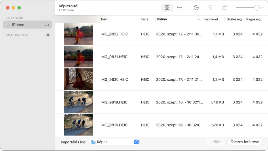 A Képletöltő ablaka, az iPhone-ról importálni kívánt képekkel.