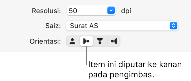 Butang Orientasi dalam tetingkap Pengimbas. Butang yang diserlahkan menunjukkan bahawa item diputarkan ke sebelah kanan pada pengimbas.