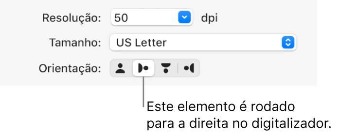 Os botões Orientação na janela Digitalizador. Um botão em destaque indica que um elemento é rodado para a direita no digitalizador.