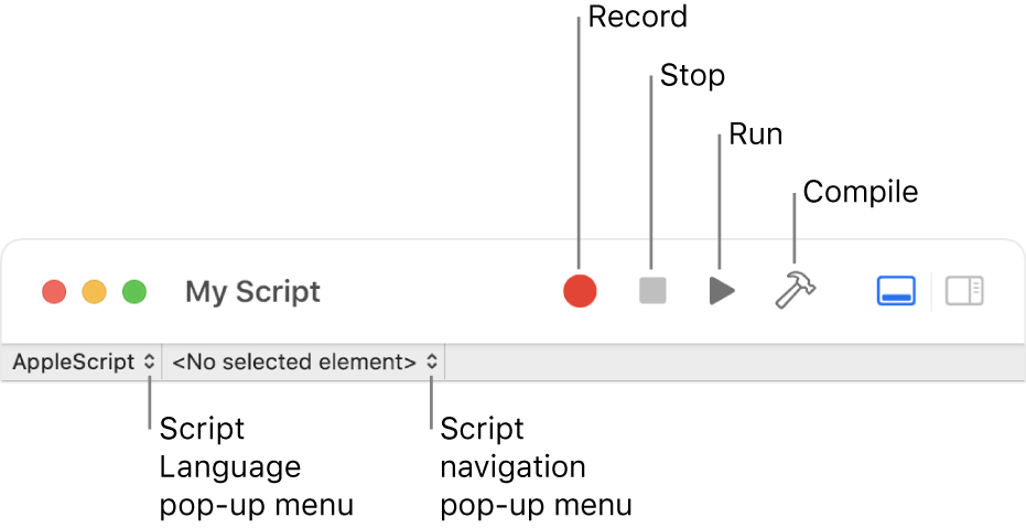 The Script Editor toolbar showing the record, stop, run, compile, script language and script navigation controls.