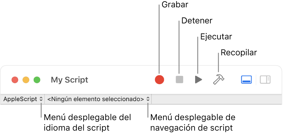 La barra de herramientas de Editor de Scripts.