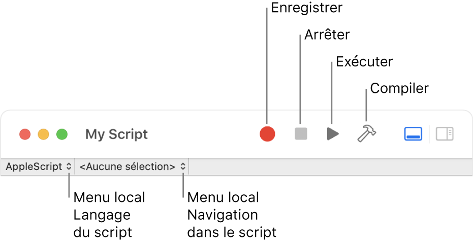 Barre d’outils d’Éditeur de script affichant les commandes d’enregistrement, d’arrêt, d’exécution, de compilation, de langage de script et de navigation dans le script.