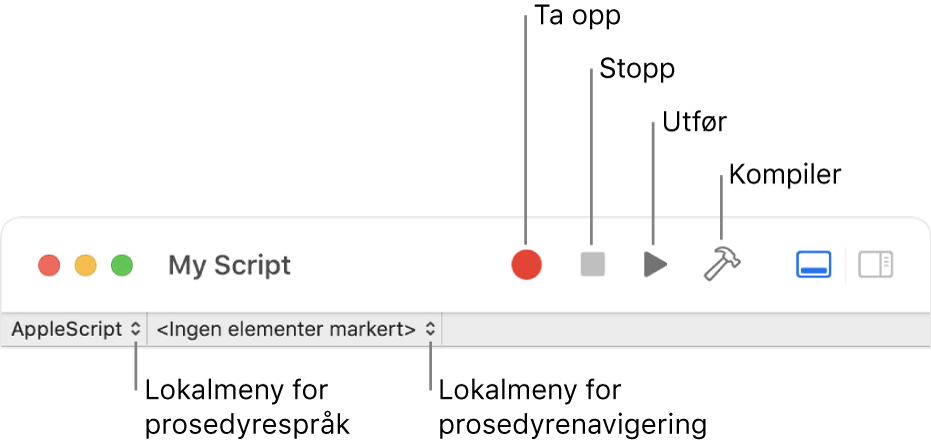 Verktøylinjen for prosedyreredigering, som viser oppføringen, stopp, kjør, kompiler, prosedyrespråk og kontroller for prosedyrenavigering.