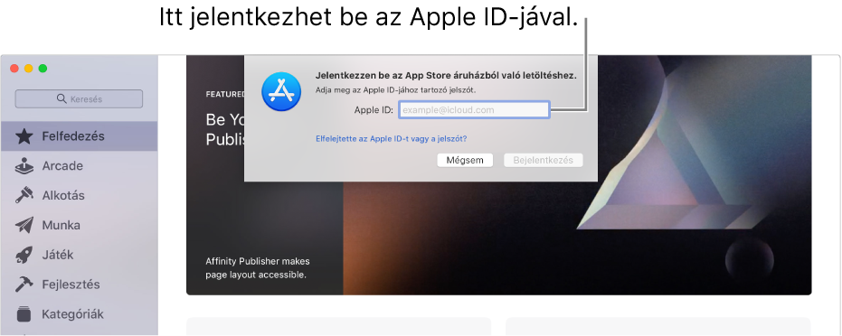 Az Apple ID bejelentkezési párbeszédpanele  az App Store-ban.