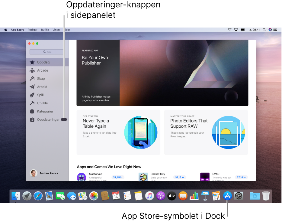 App Store-hovedvinduet, med en bildeforklaring som identifiserer Oppdateringer-knappen i sidepanelet, og en annen bildeforklaring som identifiserer App Store-symbolet i Dock.