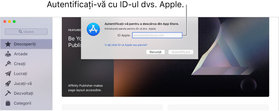 Dialogul de autentificare ID Apple din App Store.