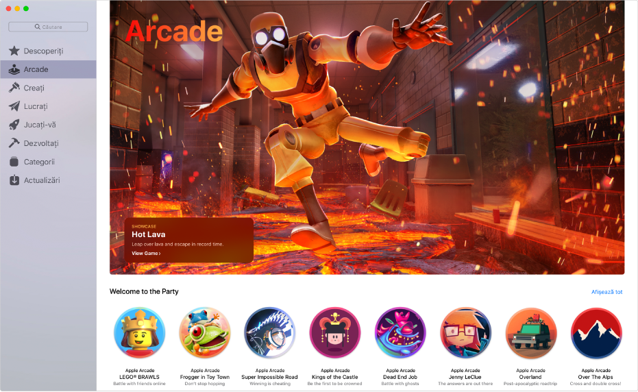 Pagina principală Apple Arcade. Pentru a o accesa, faceți clic pe Arcade în bara laterală din stânga.