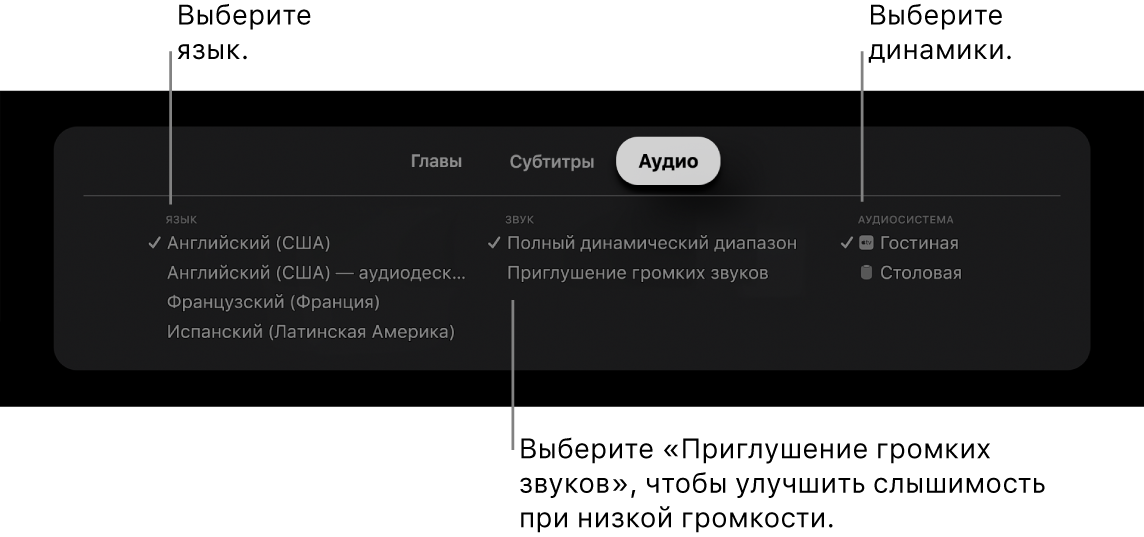 Меню «Аудио» при воспроизведении