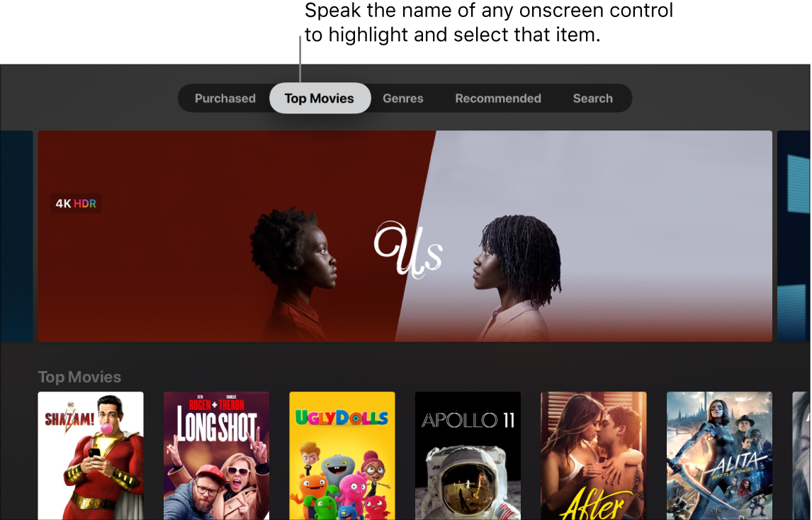 iTunes Movie Store showing menu commands that can be spoken