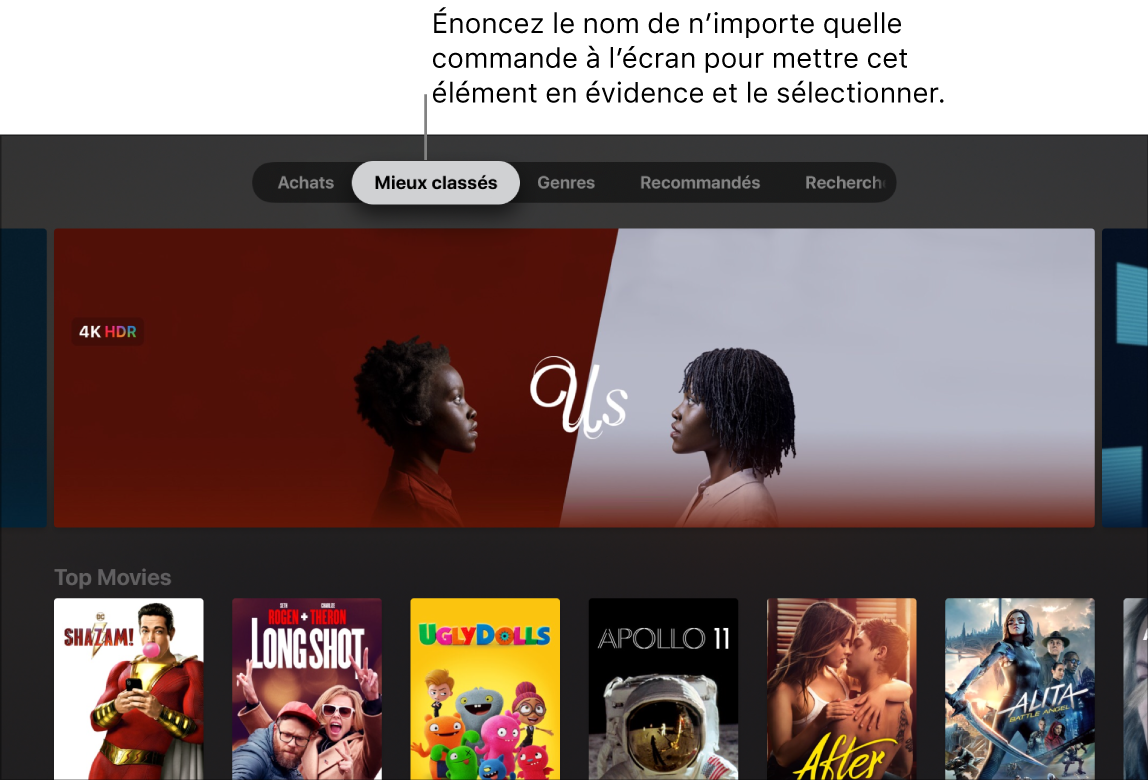 iTunes Store avec les commandes de menu pouvant être prononcées