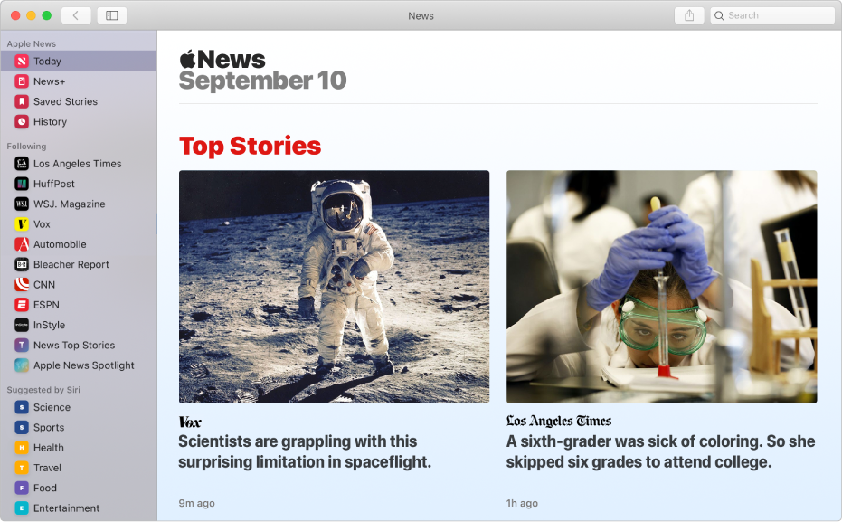 The Apple News window with the sidebar on the left and Top Stories on the right.