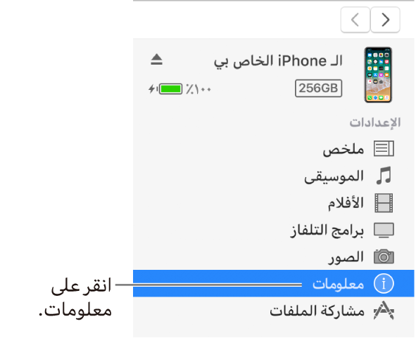نافذة الجهاز، مع تحديد معلومات في الشريط الجانبي على اليمين.