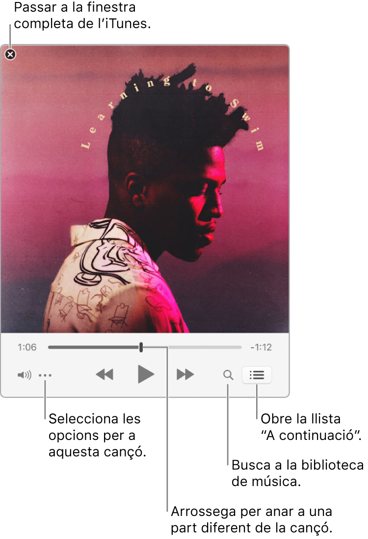 El minireproductor expandit amb els controls de la cançó que s’està reproduint. A la cantonada superior esquerra hi ha el botó de tancar, que s’utilitza per canviar a la finestra completa de l’iTunes. A la part inferior de la finestra hi ha un regulador que pots arrossegar per anar a una part diferent de la cançó. A sota del regulador, a l’esquerra, hi ha el botó del menú d’accions on pots triar les opcions de visualització i altres opcions de la cançó que s’està reproduint. A l’extrem dret, a sota del regulador, hi ha dos botons; la lupa serveix per fer cerques a la biblioteca musical i “A continuació” per veure què es reproduirà després.