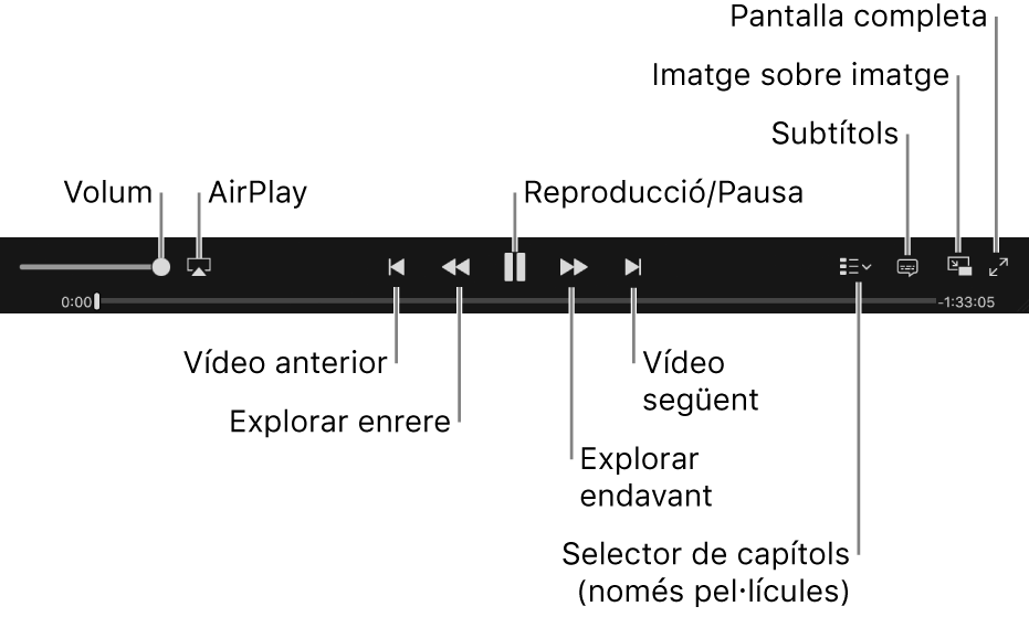 Controls de vídeo: volum, AirPlay, vídeo anterior, explorar enrere, reproduir/pausa, explorar endavant, vídeo següent, selector de capítols (només per a pel·lícules), subtítols, imatge sobre imatge i pantalla completa.