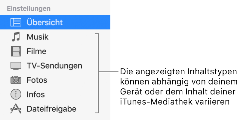 In der Seitenleiste links ist die Übersicht ausgewählt. Der angezeigte Inhalt hängt von der Art des Geräts sowie von den Inhalten deiner iTunes-Mediathek ab.