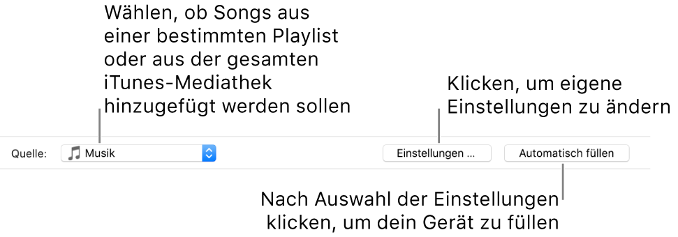 Die Option „Automatisch füllen“ unten im Bereich „Musik“. Ganz links befindet sich das Einblendmenü „Automatisch füllen“, in dem du auswählen kannst, ob Titel von einer Playlist oder von der gesamten Mediathek hinzugefügt werden sollen. Ganz rechts sind zwei Tasten: die Taste „Einstellungen“ zum Ändern der verschiedenen Optionen für das automatische Füllen und die Taste „Automatisch füllen“. Wenn du auf „Automatisch füllen“ klickst, wird dein Gerät mit den Titeln gefüllt, die den Kriterien entsprechen.