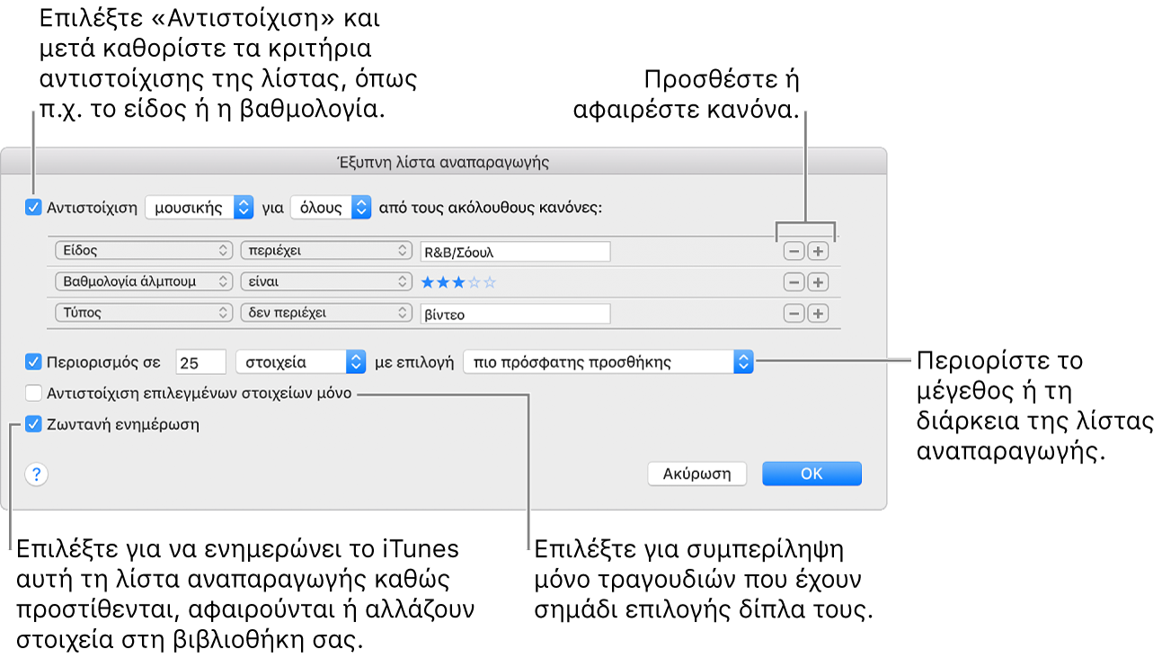 Το παράθυρο Έξυπνης λίστας αναπαραγωγής: Στην πάνω αριστερή γωνία, επιλέξτε «Αντιστοίχιση» και μετά καθορίστε τα κριτήρια λίστας αναπαραγωγής (π.χ. είδος ή βαθμολογία). Συνεχίστε να προσθέτετε ή να αφαιρείτε κανόνες κάνοντας κλικ στα κουμπιά Προσθήκης και Αφαίρεσης στην πάνω δεξιά γωνία. Επιλέξτε διάφορες ρυθμίσεις στο κάτω τμήμα του παραθύρου, π.χ. περιορισμός του μεγέθους ή της διάρκειας της λίστας αναπαραγωγής συμπεριλαμβανομένων μόνο των επιλεγμένων τραγουδιών, ή ρύθμιση του iTunes ώστε να ενημερώνει τη λίστα αναπαραγωγής όταν αλλάζουν στοιχεία στη βιβλιοθήκη σας.
