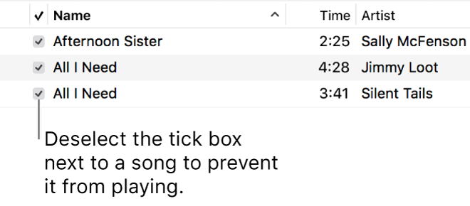 Detail of the Songs view in music, showing the tick boxes on the left. Unselect the tick box next to a song to prevent it from playing.