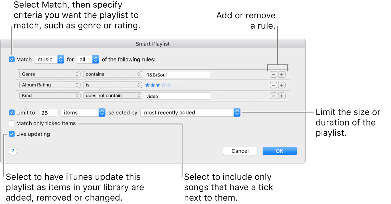 The Smart Playlist window: In the upper-left corner, select Match, then specify the playlist criteria (such as genre or rating). Continue to add or remove rules by clicking the Add or Remove buttons in the upper-right corner. Select various options in the lower portion of the window — such as limiting the size or duration of the playlist, including only songs that are ticked or having iTunes update the playlist as items in your library change.