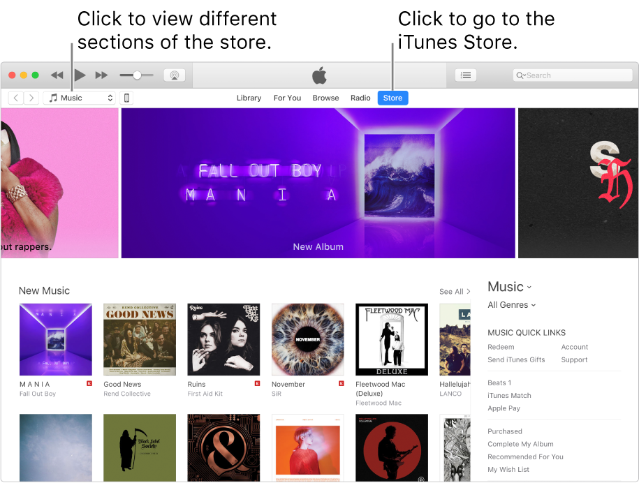 The iTunes Store main window: In the navigation bar, Store is highlighted. In the upper-left corner, choose to view different content in the Store (such as Music or TV).