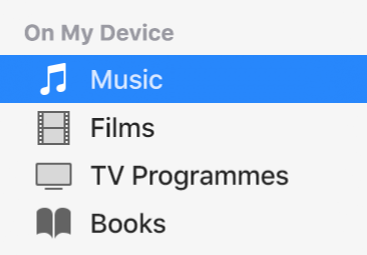 The On My Device section of the sidebar showing Music selected.