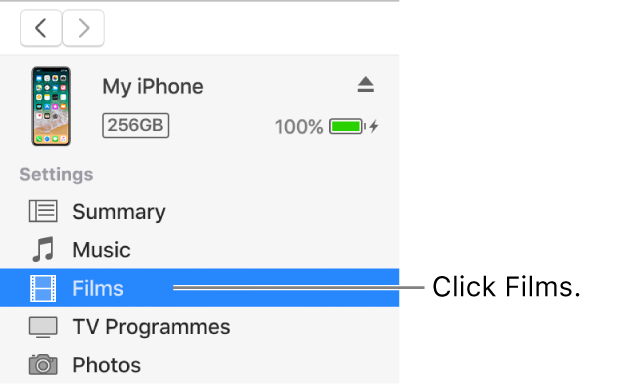 The Device window, with Films selected in the sidebar on the left.