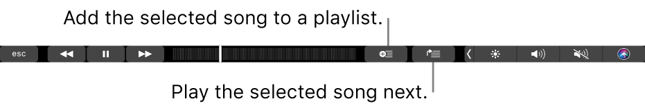 The Touch Bar controls for music, with buttons to add the selected song to a playlist and to the Up Next list.