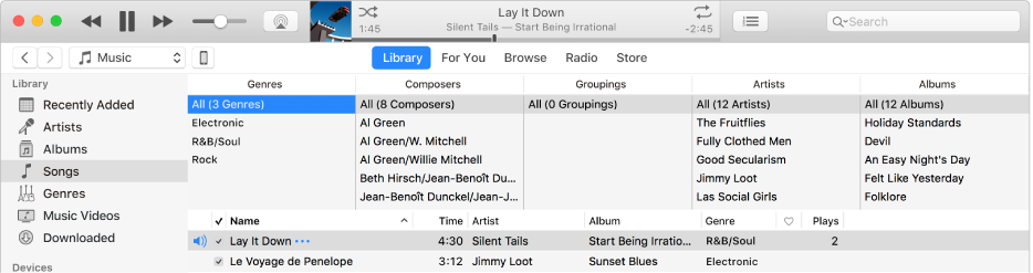 The iTunes main window: The column browser appears to the right of the sidebar and above the list of songs.