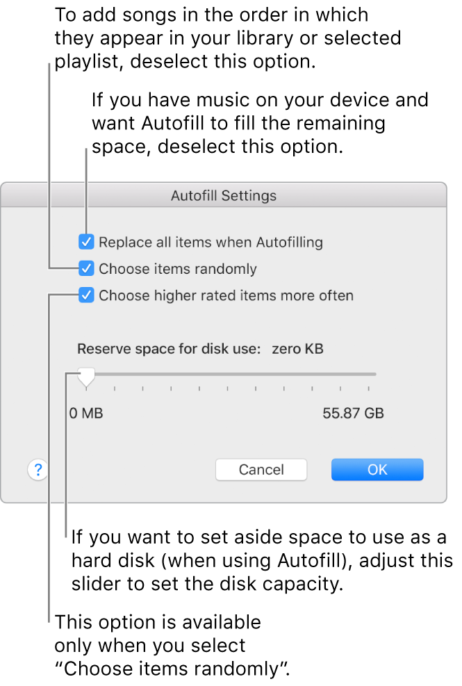 The Autofill Settings dialogue showing four options, from top to bottom. If you have music on your device and want Autofill to fill the remaining space, deselect the option “Replace all items when Autofilling”. To add songs in the order in which they appear in your library or selected playlist, deselect the option “Choose items randomly”. The next option, “Choose higher rated items more often”, is available only when you select the option “Choose items randomly”. If you want to set aside space to use as a hard disk, adjust the slider to set the disk capacity.