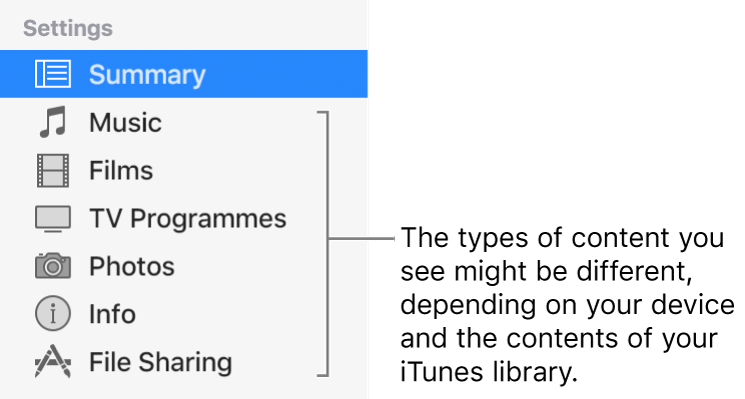 Summary is selected in the sidebar on the left. The types of content that appear might vary, depending on your device and the contents of your iTunes library.