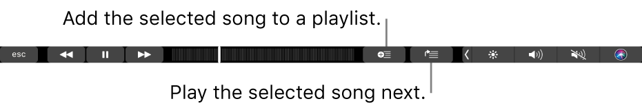 The Touch Bar controls for music, with buttons to add the selected song to a playlist and to the Up Next list.
