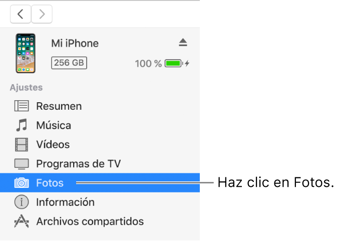 La ventana del dispositivo con la opción Fotos seleccionada en la barra lateral de la izquierda.