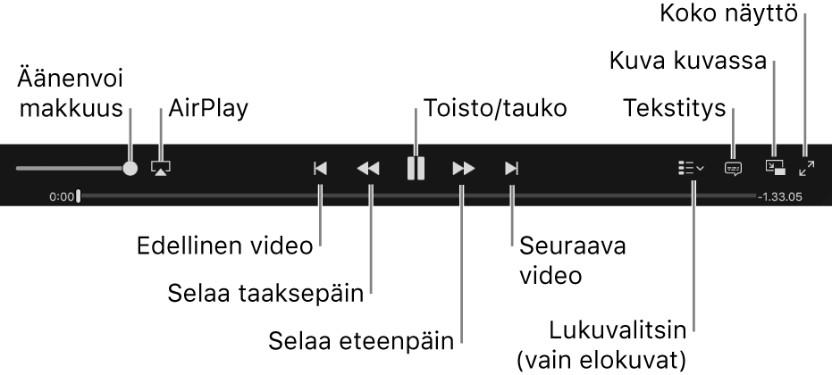 Videosäätimet: Äänenvoimakkuus, Airplay, edellinen video, selaus taaksepäin, toisto/keskeytys, selaus eteenpäin, seuraava video, kappalevalitsin (vain elokuvat), tekstitys, kuva kuvassa ja koko näyttö.