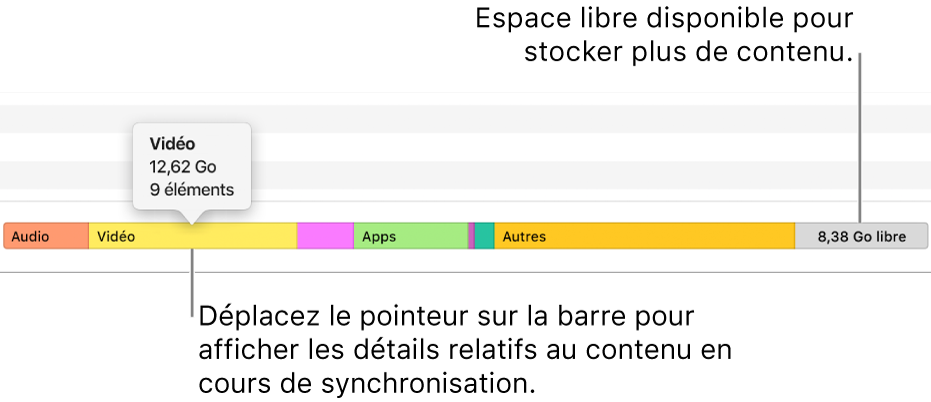 Placez le pointeur sur la barre en bas de la fenêtre pour afficher des informations détaillées sur le contenu que vous synchronisez, ainsi que l’espace restant pour l’ajout de contenu.