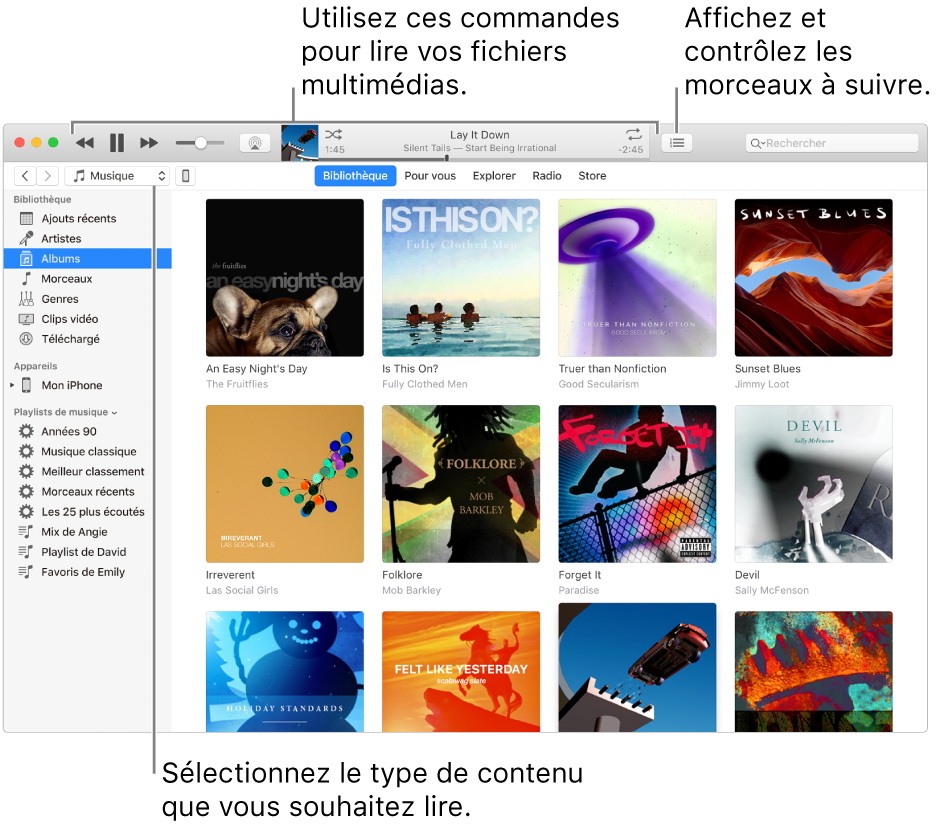 La fenêtre principale de la bibliothèque iTunes : Dans le navigateur, choisissez le type de contenus multimédias à lire (tel que Musique). Utilisez les commandes de la bannière située en haut pour lire votre contenu multimédia, et utilisez le menu local Liste d’attente sur la droite pour voir votre bibliothèque de différentes manières.
