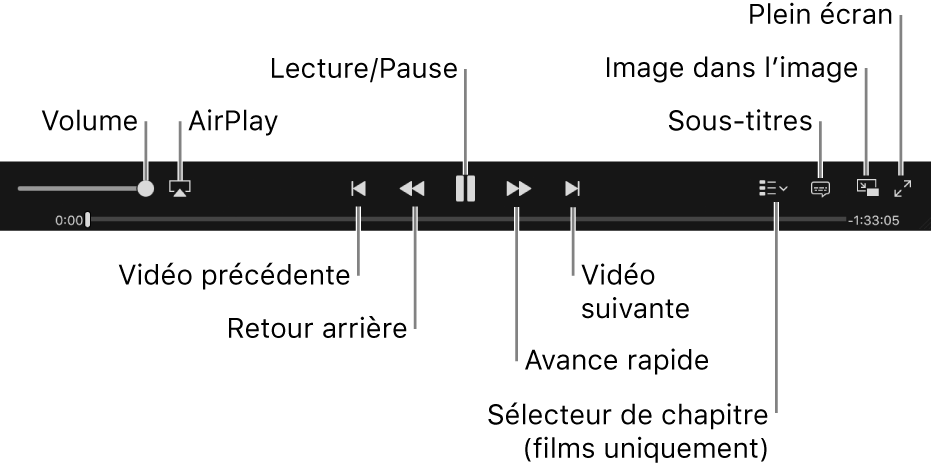 Commandes vidéo : volume, AirPlay, vidéo précédente, retour, lecture/pause, avance, vidéo suivante, sélecteur de chapitre (pour les films uniquement), sous-titres, Image dans l’image et plein écran.