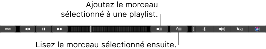 Commandes de la Touch Bar pour la musique, avec des boutons pour ajouter les morceaux sélectionnés à une playlist et à la liste d’attente.