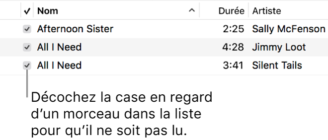 Détail de la présentation Morceaux de Musique, avec les cases à gauche. Décochez la case en regard d’un morceau pour empêcher la lecture de ce dernier.