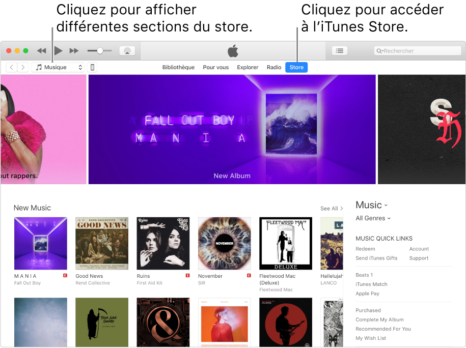 La fenêtre principale de l’iTunes Store : Dans la barre de navigation, Store est surligné. Dans le coin supérieur gauche, choisissez de voir différents contenus dans l’iTunes Store (par exemple Musique ou TV).