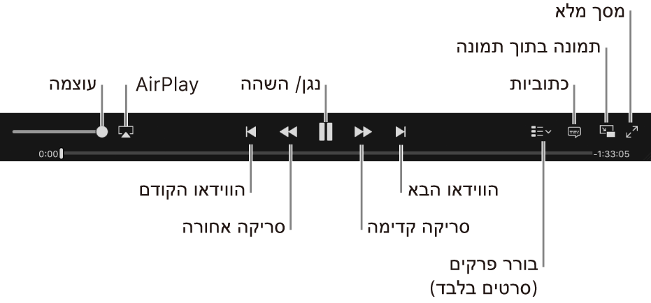 פקדי וידאו: ״עוצמת קול״, AirPlay, הסרט הקודם, סרוק אחורה, ״הפעל״/״השהה״, סרוק קדימה, הסרט הבא, בורר הפרקים (עבור סרטים בלבד),״כתוביות״, ״תמונה בתוך תמונה״ ו״מסך מלא״