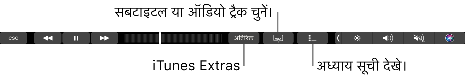 फ़िल्में के साथ Touch Bar कंट्रोल्स, iTunes Extras, सब्टाइटल्स और चैप्टर लिस्ट के बटन के साथ
